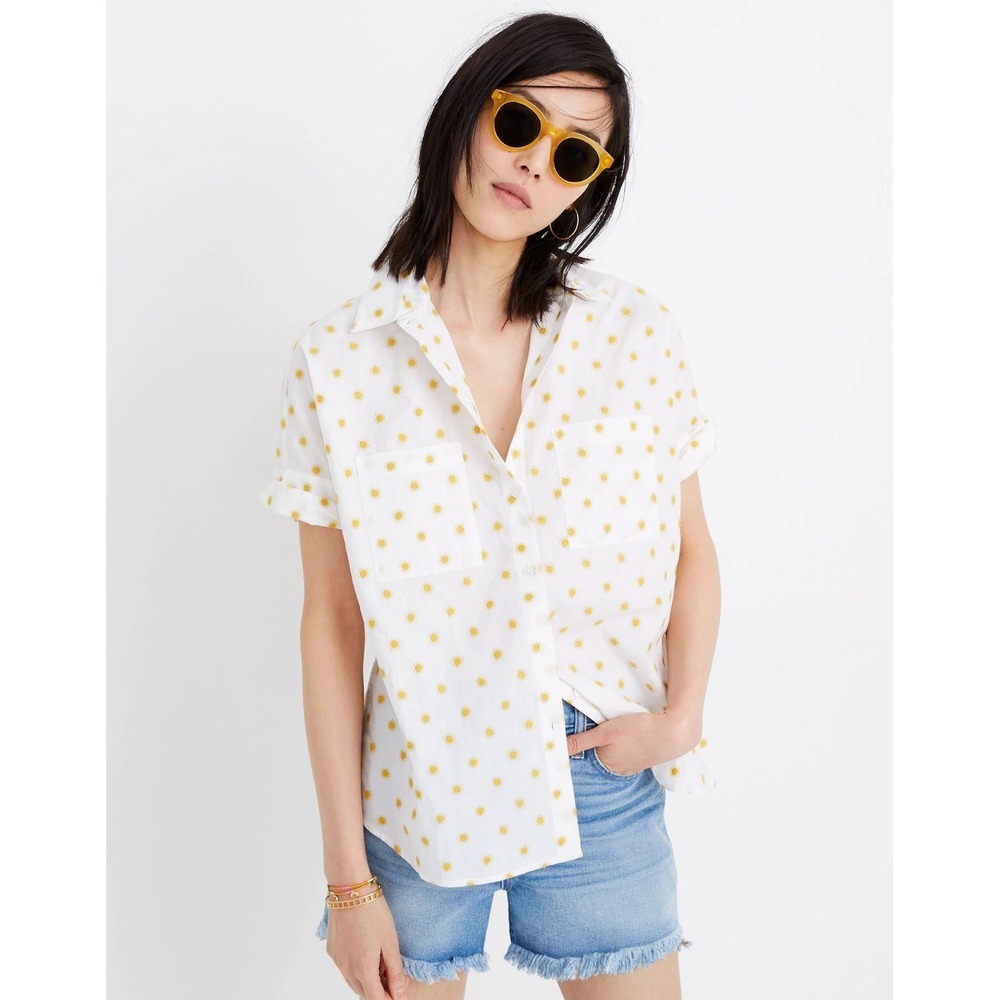 Madewell Sun Embroidered White & Yellow Courier Oversized Blouse Top Shirt S Sun